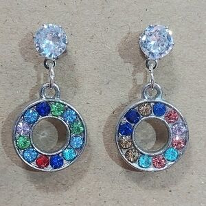 Initial Letter O Multicolored Rhinestone Silver Tone Dangle Earrings